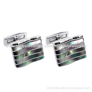 Stainless Steel Cufflinks with Colored Shells/Gray Opals, Concise and Fashionable